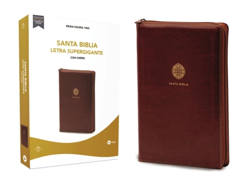 RVR60, Santa Biblia, Letra Supergigante, Leathersoft, Cafe, con Cierre, Comfort Print