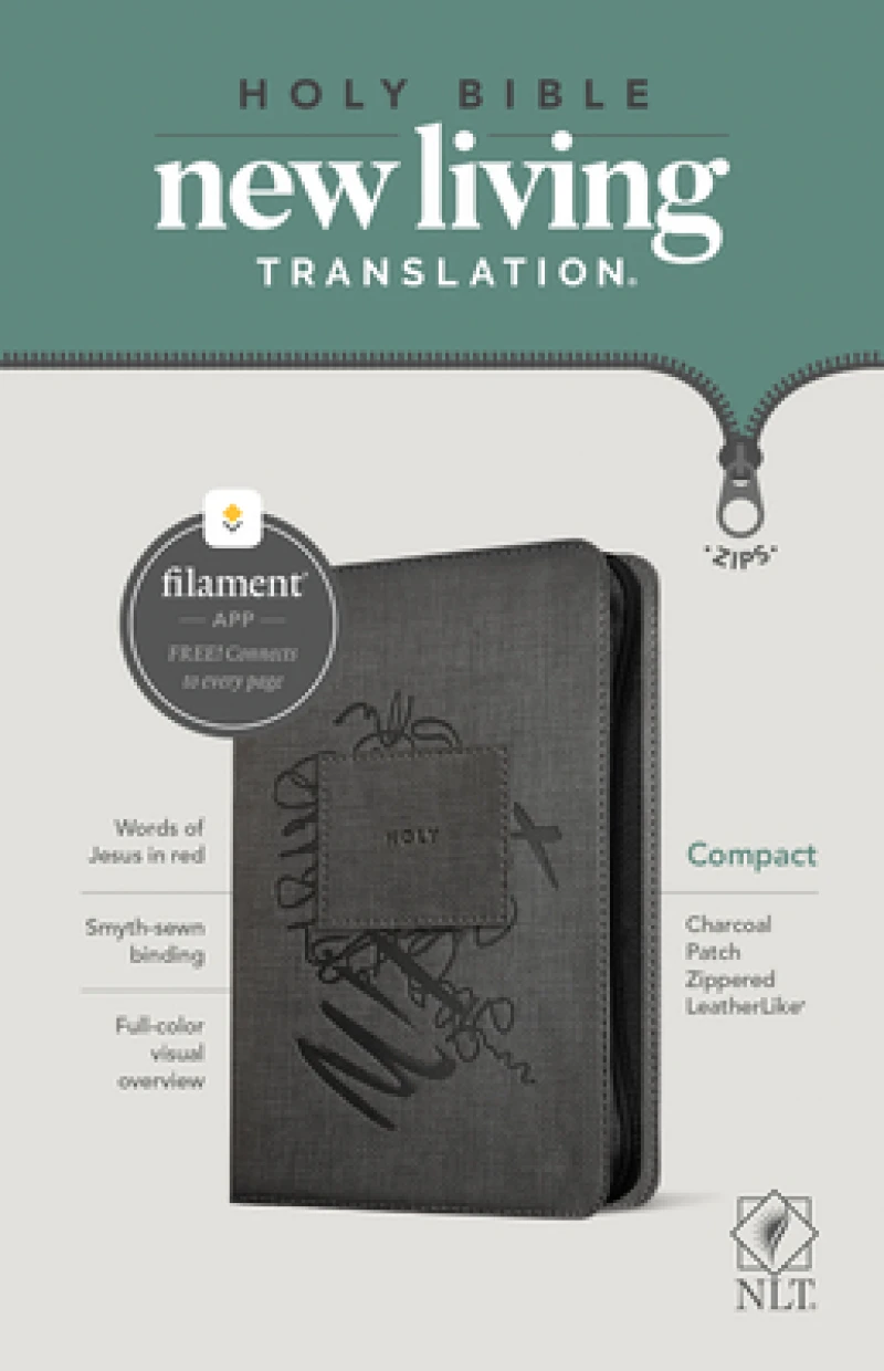 NLT Compact Zipper Bible, Filament Enabled (LeatherLike, Charcoal Patch, Red Letter)